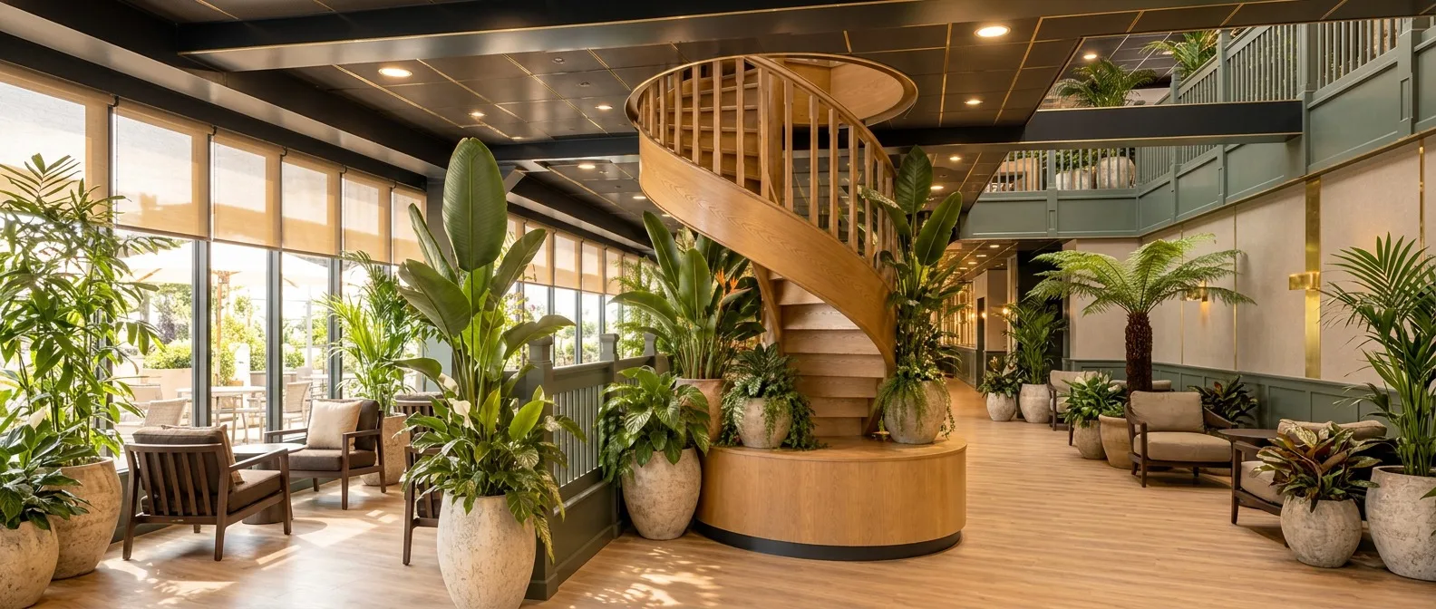 Die hölzerne Wendeltreppe und Lounge mit Pflanzen bei DOCKSIDE, Zuidyard
